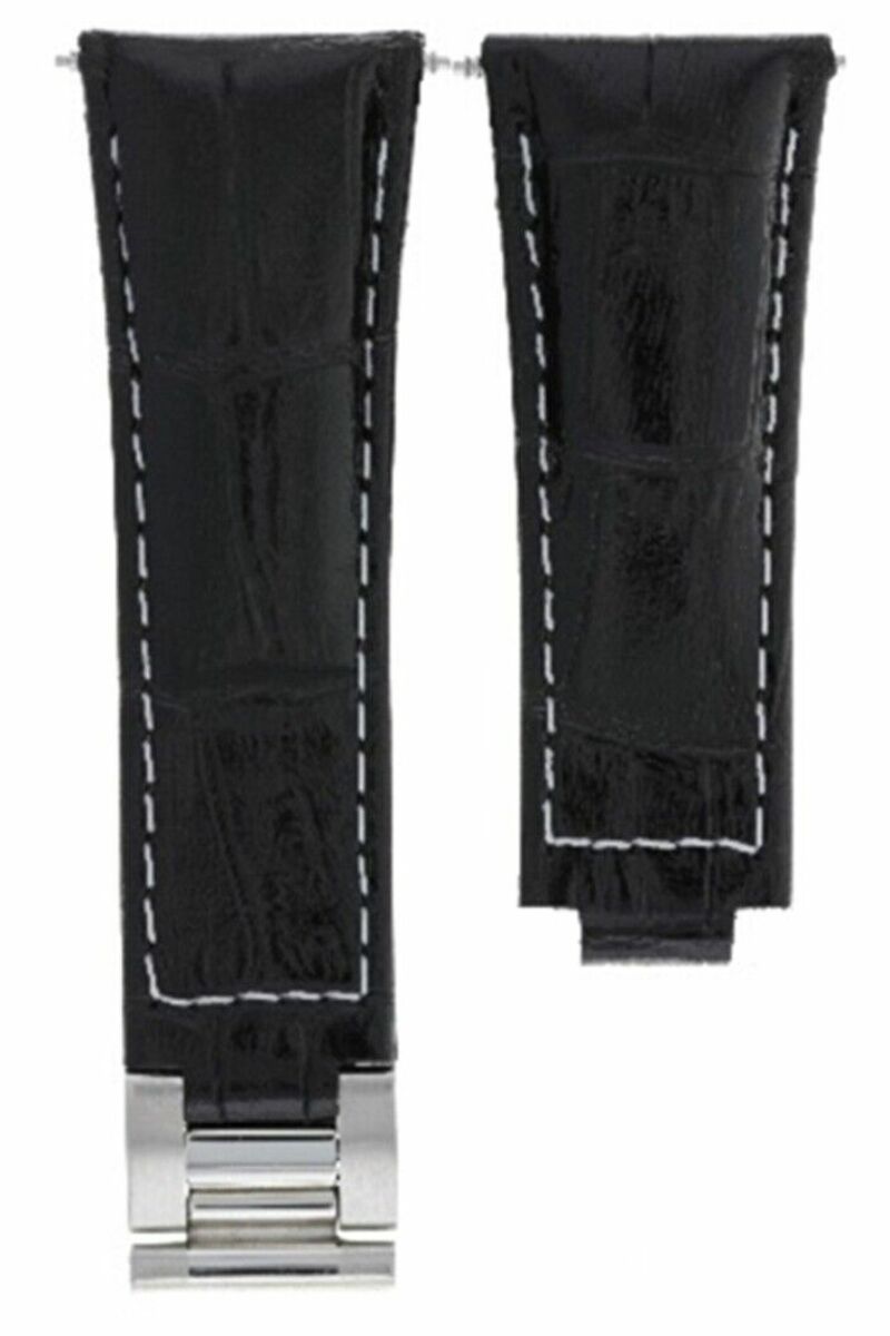 LEATHER STRAP ITALIAN FOR ROLEX DAYTONA 116519 116520 116523 BLACK WHITE STITCH