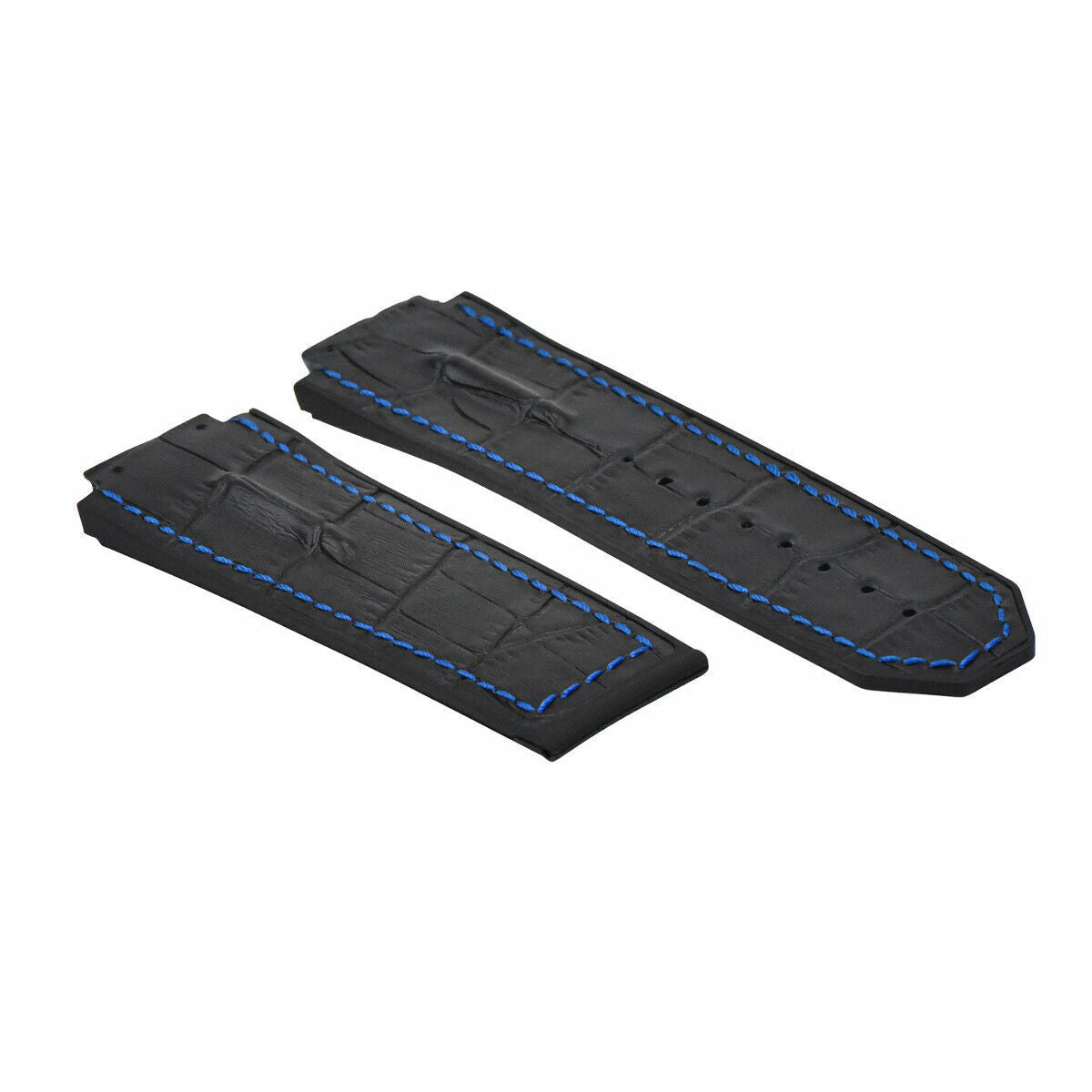 25-28MM LEATHER RUBBER WATCH STRAP, 4 BLACK SCREWS AND SCREWDRIVER FOR HUBLOT, Black with Blue Stitching, view 3