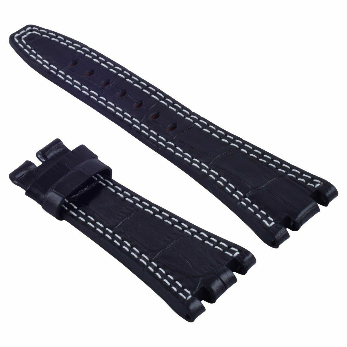 28MM LEATHER WATCH STRAP BAND FOR AP 42MM AUDEMARS PIGUET 15703ST 26470ST 15710, Black with White Stitching, view 2