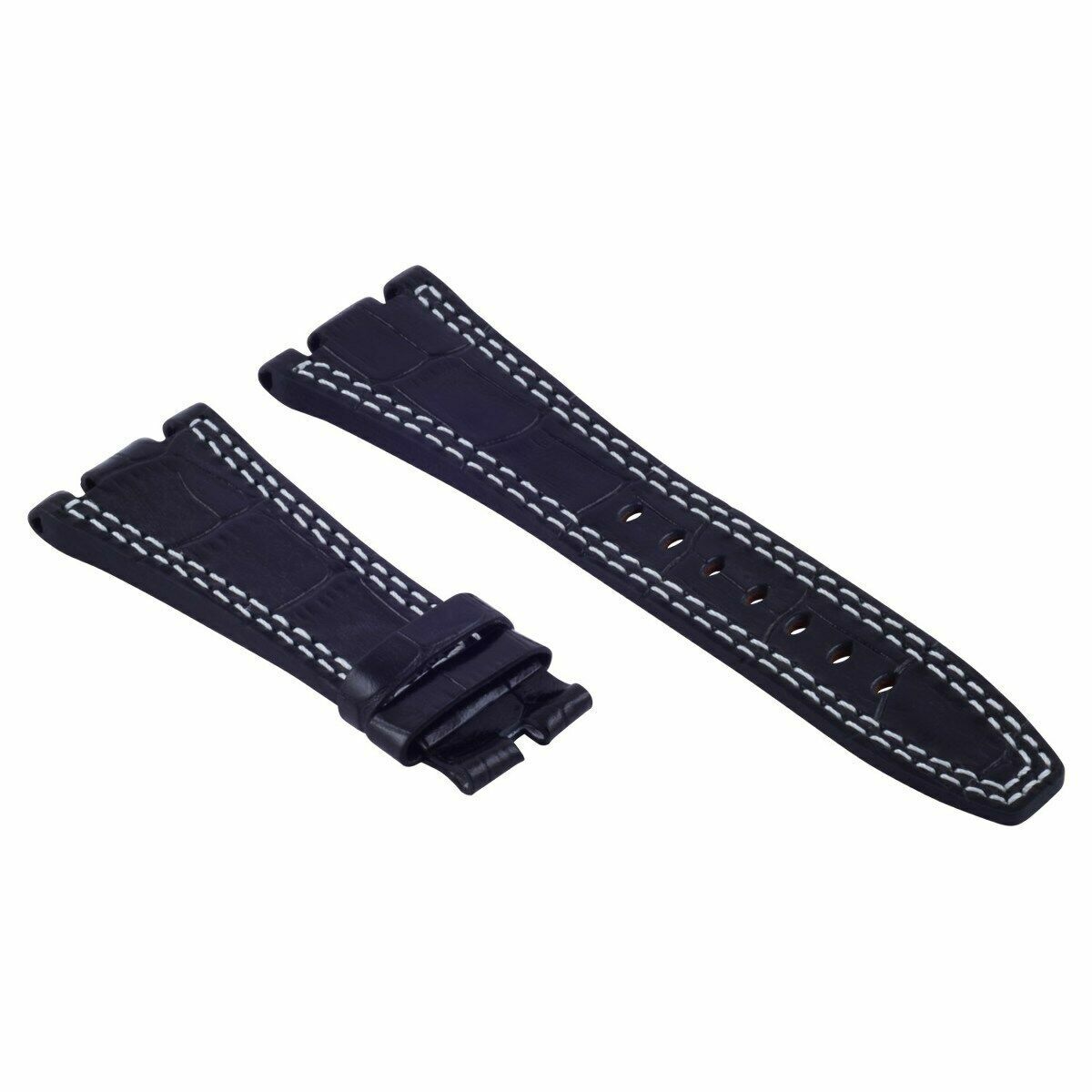 28MM LEATHER WATCH STRAP BAND FOR AP 42MM AUDEMARS PIGUET 15703ST 26470ST 15710, Black with White Stitching, view 3