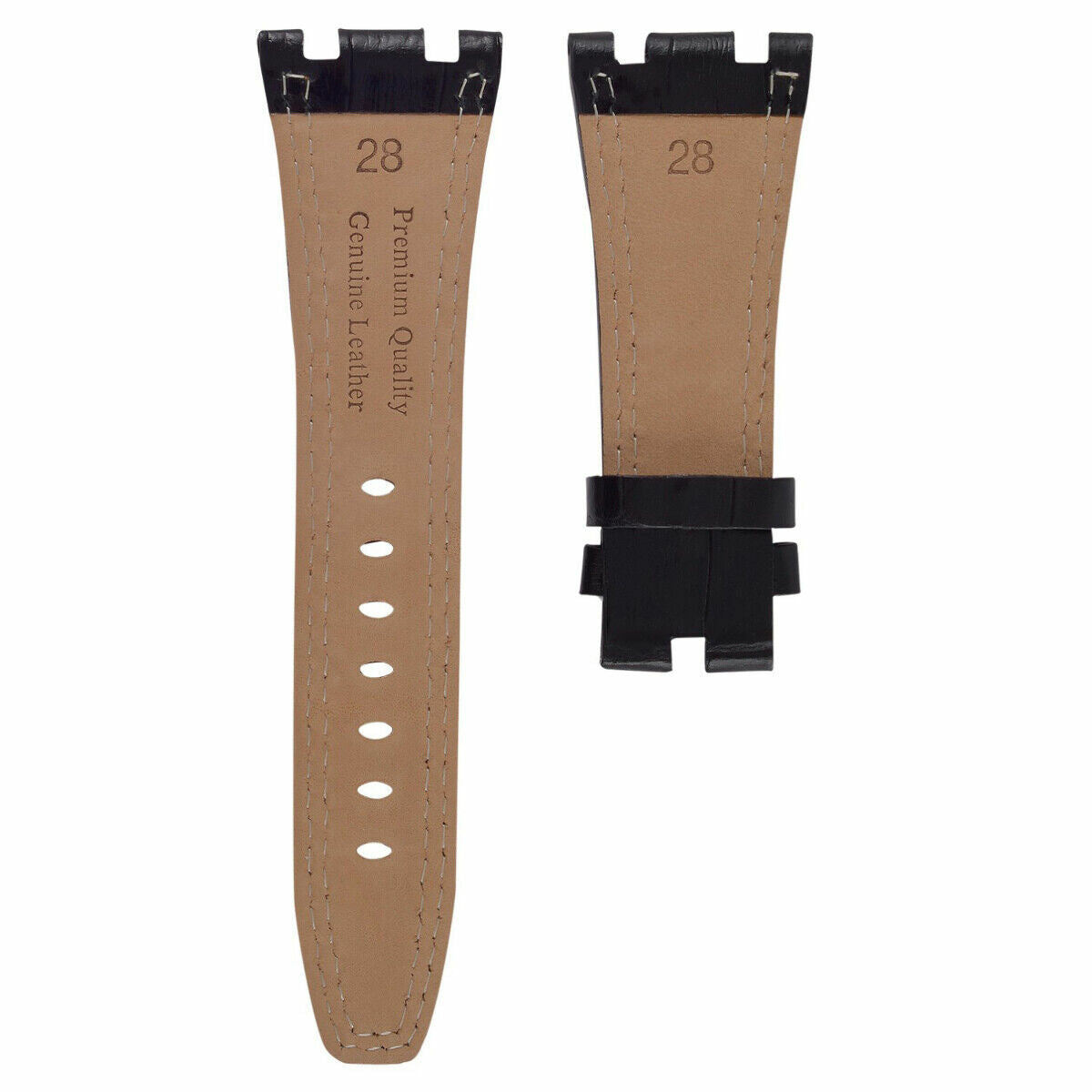28MM LEATHER WATCH STRAP BAND FOR AP 42MM AUDEMARS PIGUET 15703ST 26470ST 15710, Black with Orange Stitching, view 4