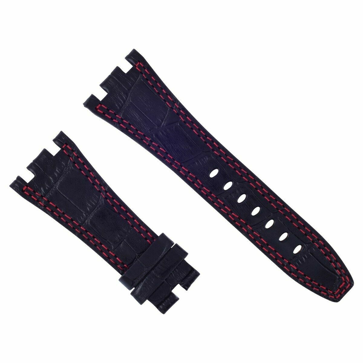 28MM LEATHER WATCH STRAP BAND FOR AP 42MM AUDEMARS PIGUET 15703ST 26470ST 15710, Black with Red Stitching