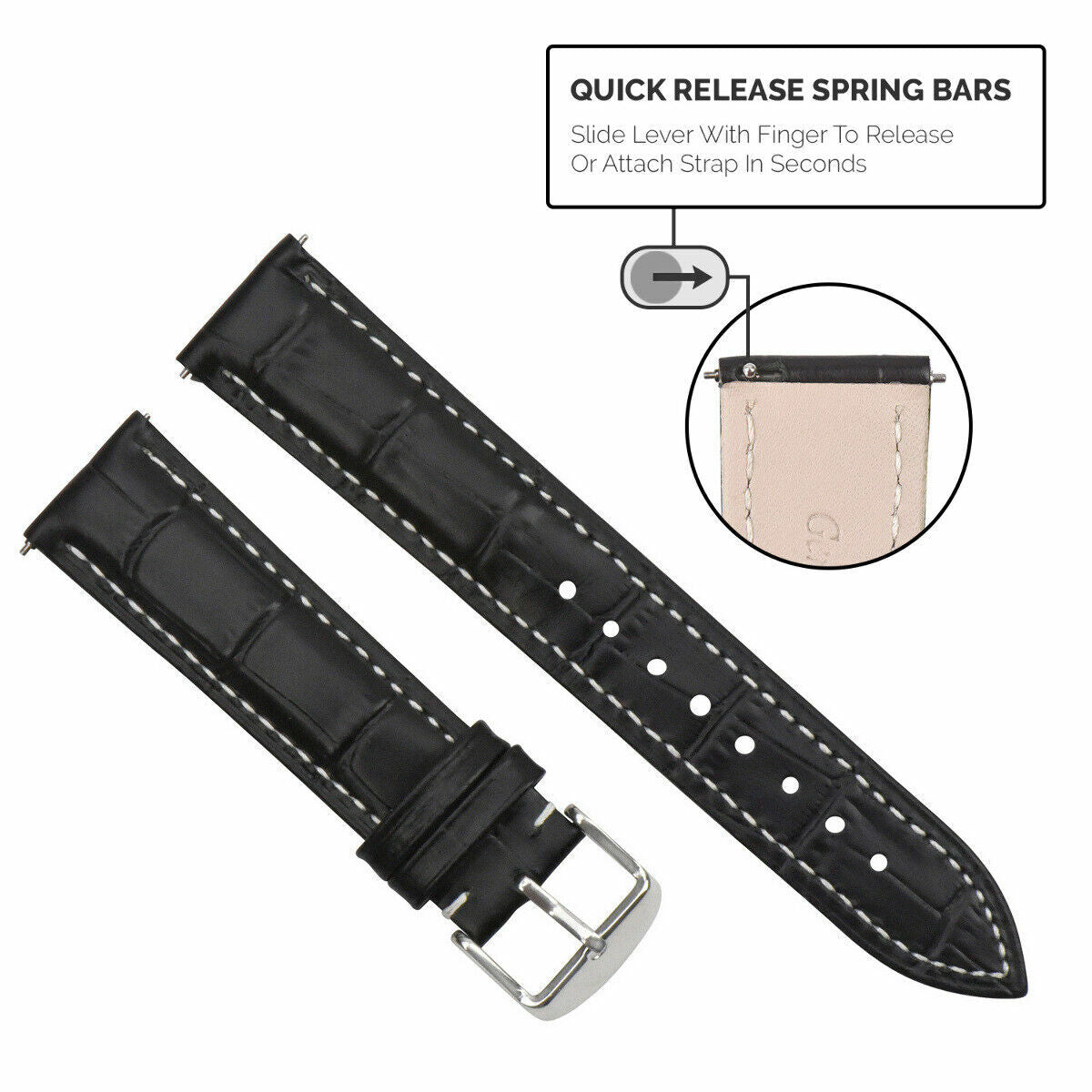 16-18-19-20-22-24mm Leather Watch Band Strap Quick Release Spring Bar, Black with White Stitching, view 2