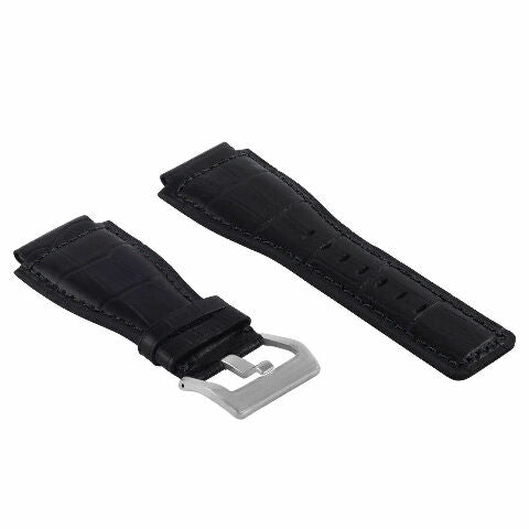 24MM LEATHER WATCH BAND STRAP WITH SILVER BUCKLE FOR BELL & ROSS BR-01 BR-03