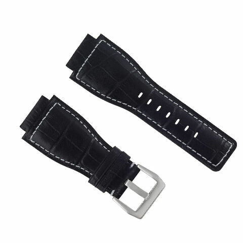24MM LEATHER WATCH BAND STRAP WITH SILVER BUCKLE FOR BELL & ROSS BR-01 BR-03