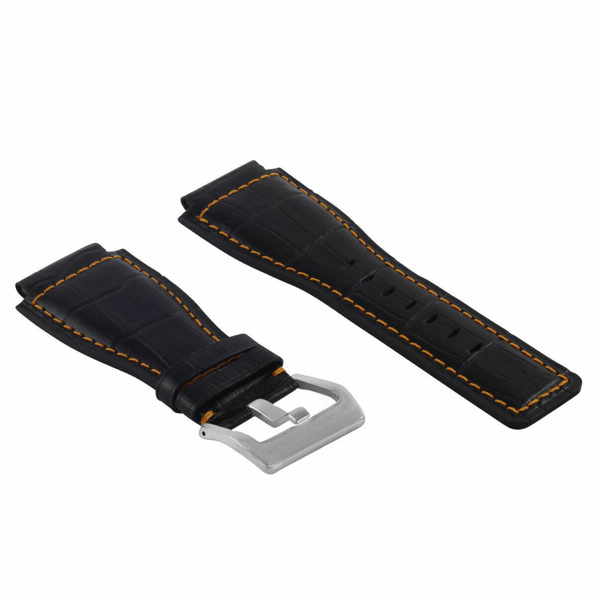 24MM LEATHER WATCH BAND STRAP WITH SILVER BUCKLE FOR BELL & ROSS BR-01 BR-03, Black with Orange Stitching, view 3
