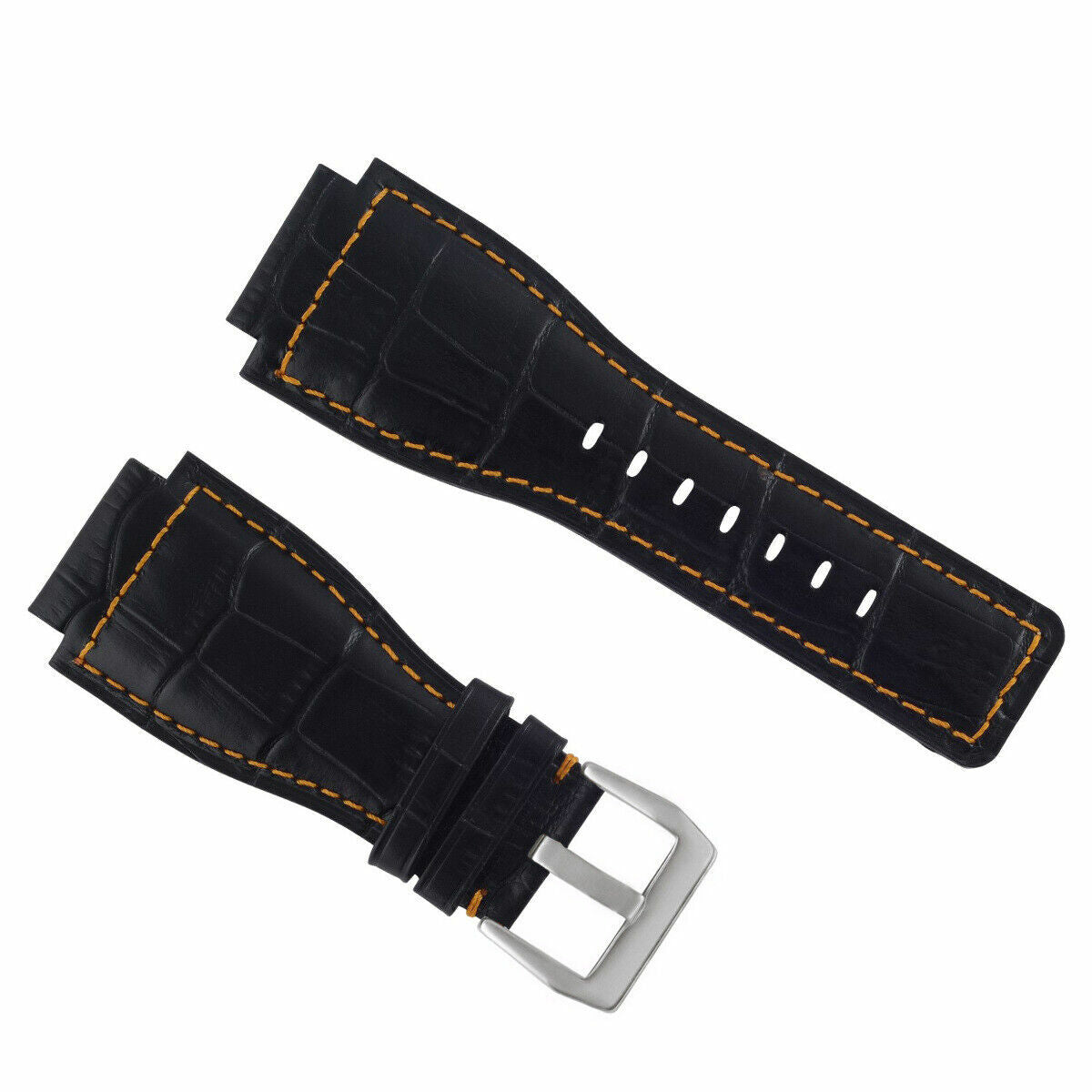 24MM LEATHER WATCH BAND STRAP WITH SILVER BUCKLE FOR BELL & ROSS BR-01 BR-03, Black with Orange Stitching
