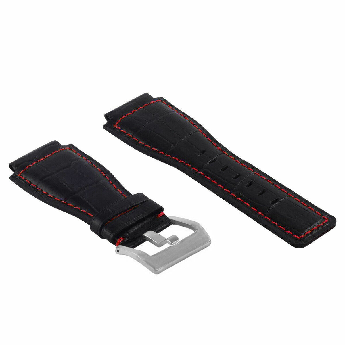 24MM LEATHER WATCH BAND STRAP WITH SILVER BUCKLE FOR BELL & ROSS BR-01 BR-03, Black with Red Stitching, view 3