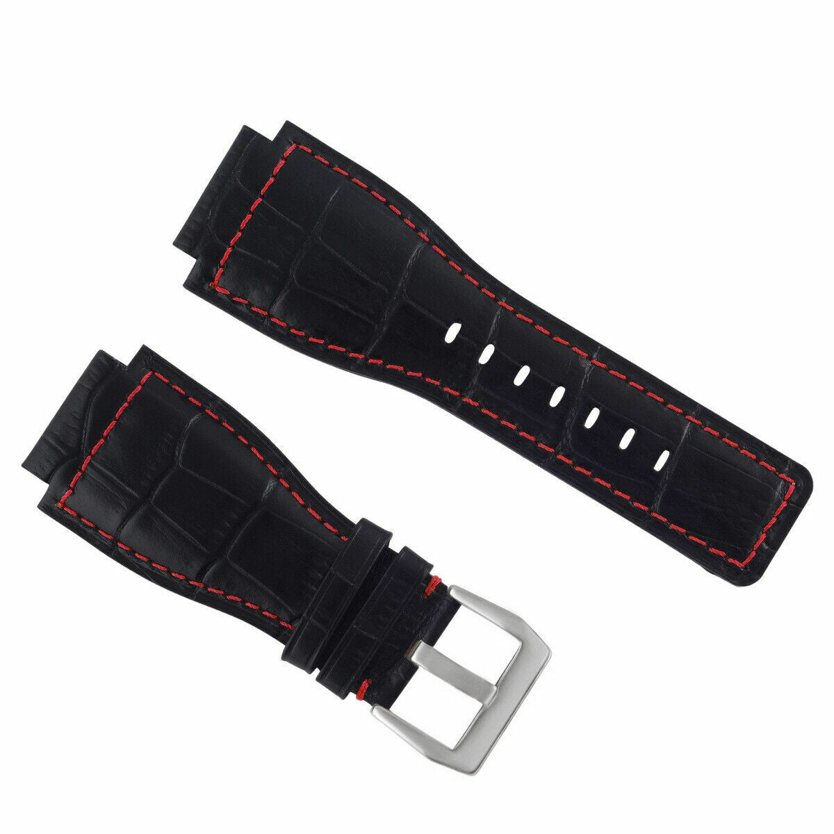24MM LEATHER WATCH BAND STRAP WITH SILVER BUCKLE FOR BELL & ROSS BR-01 BR-03, Black with Red Stitching