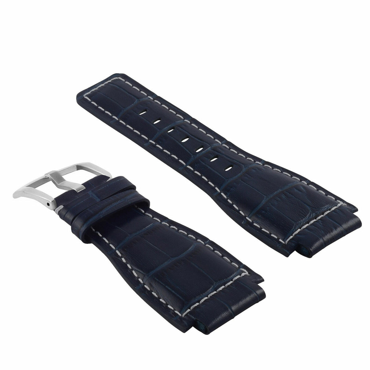 24MM LEATHER WATCH BAND STRAP WITH SILVER BUCKLE FOR BELL & ROSS BR-01 BR-03, Blue with White Stitching, view 2
