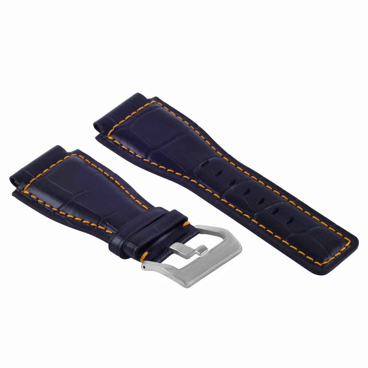 24MM LEATHER WATCH BAND STRAP WITH SILVER BUCKLE FOR BELL & ROSS BR-01 BR-03, Blue with Orange Stitching, view 3