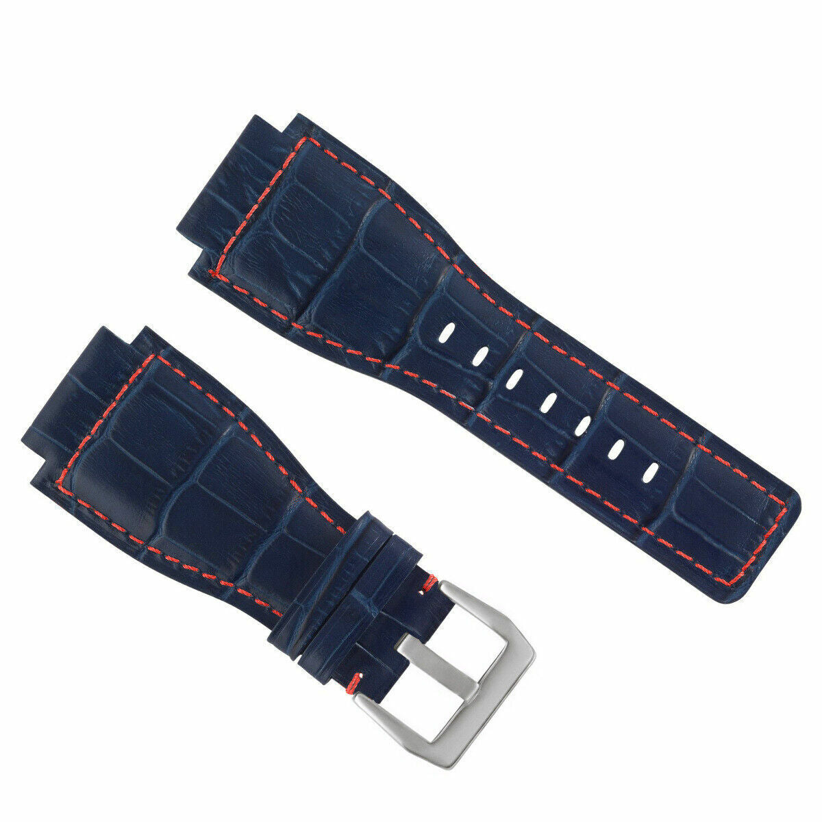 24MM LEATHER WATCH BAND STRAP WITH SILVER BUCKLE FOR BELL & ROSS BR-01 BR-03, Blue with Red Stitching