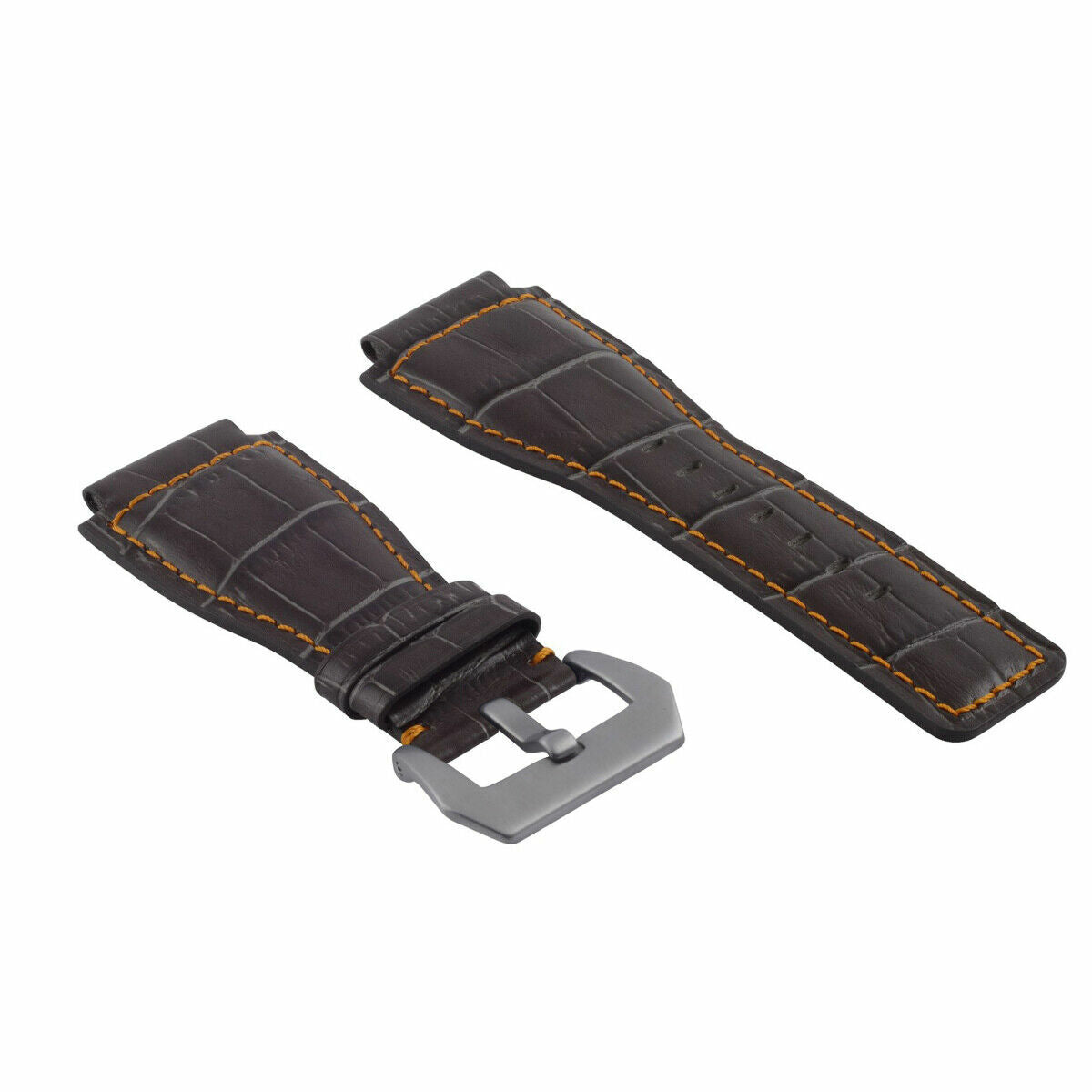 24MM LEATHER WATCH BAND STRAP WITH SILVER BUCKLE FOR BELL & ROSS BR-01 BR-03, Gray with Orange Stitching, view 3