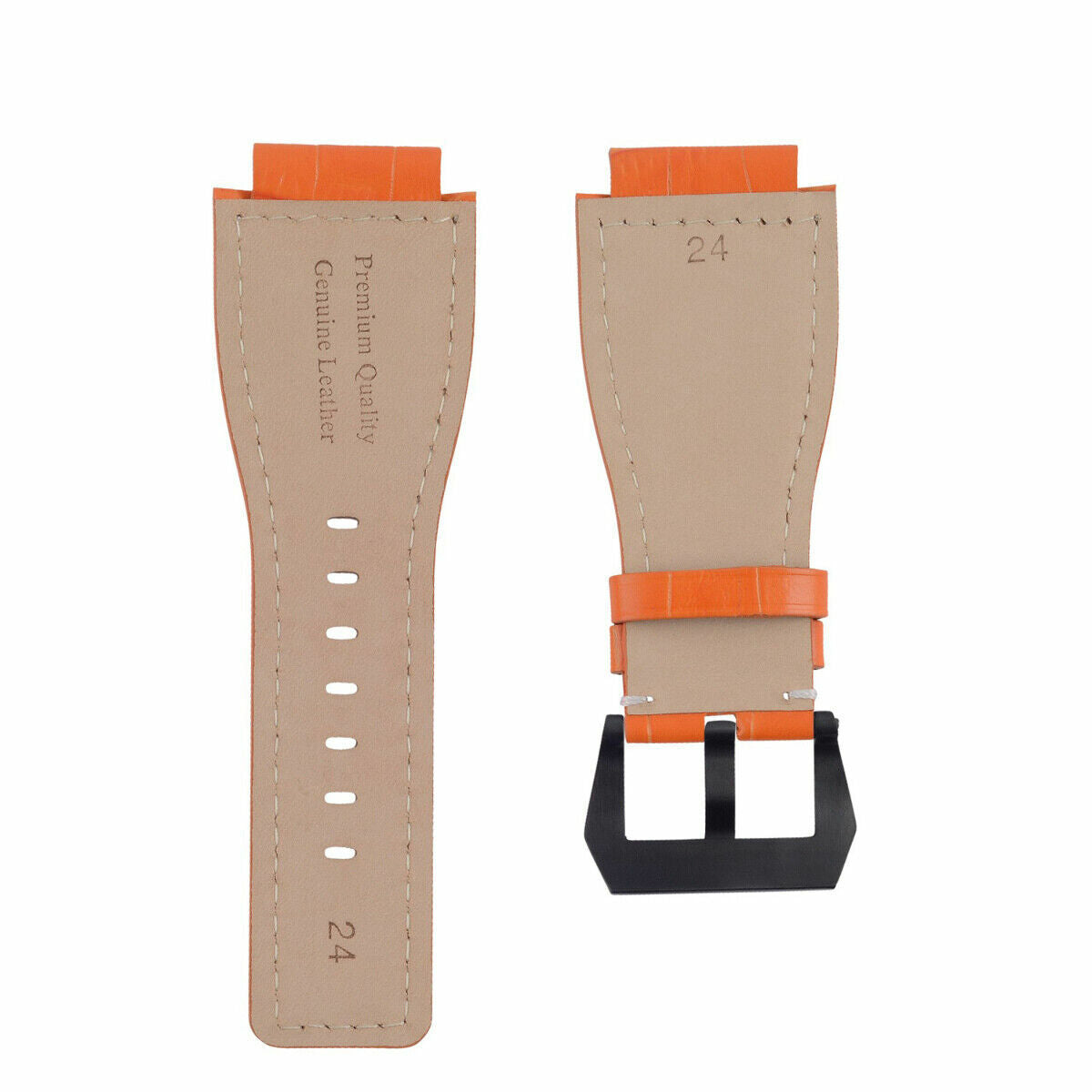 24MM LEATHER WATCH BAND STRAP FOR BELL & ROSS BR-01-BR-03 BLACK BUCKLE TOP QLTY, Orange with White Stitching, view 4