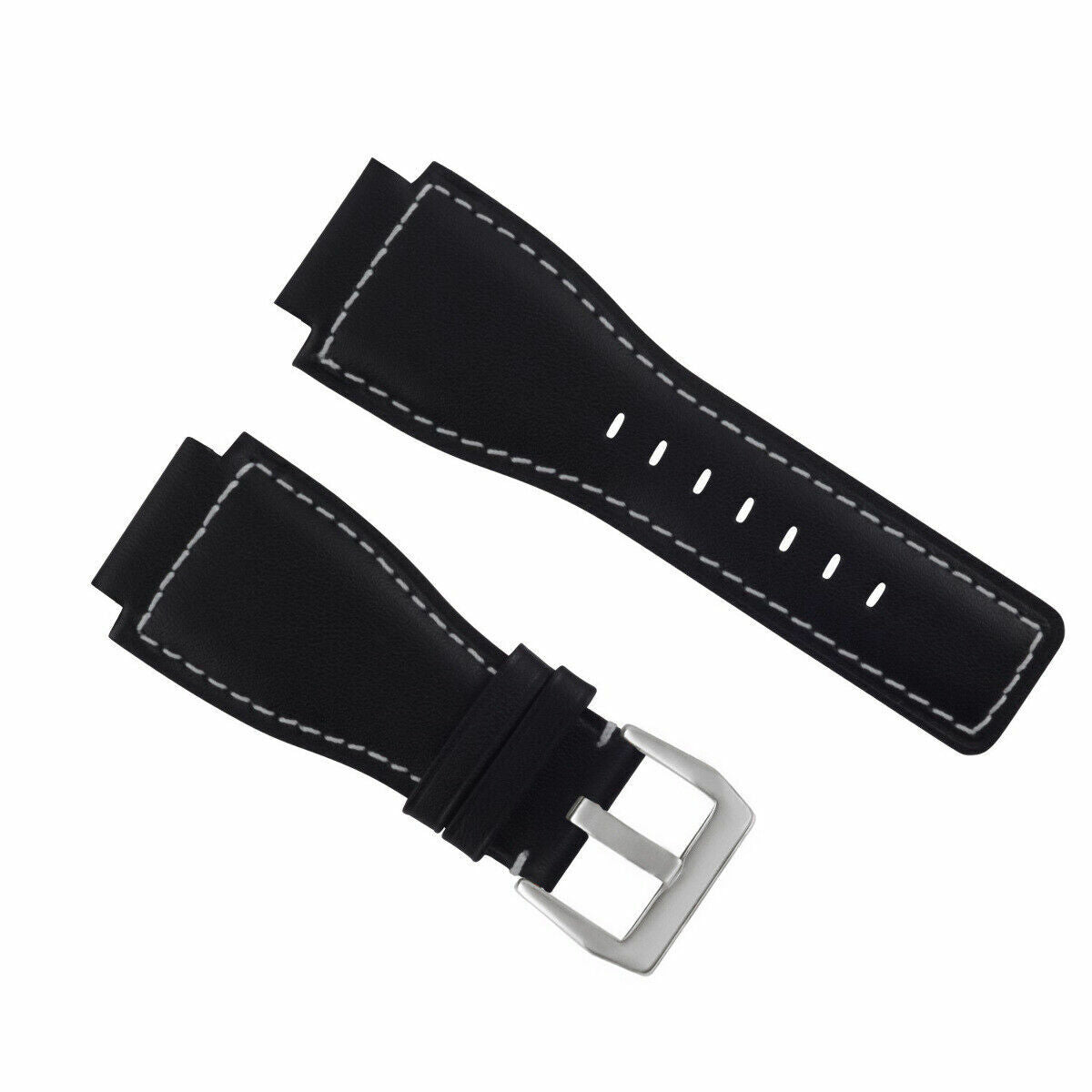 24MM SMOOTH LEATHER WATCH BAND STRAP FOR BELL ROSS BR-01-BR-03 SILVER BUCKLE, Black with White Stitching