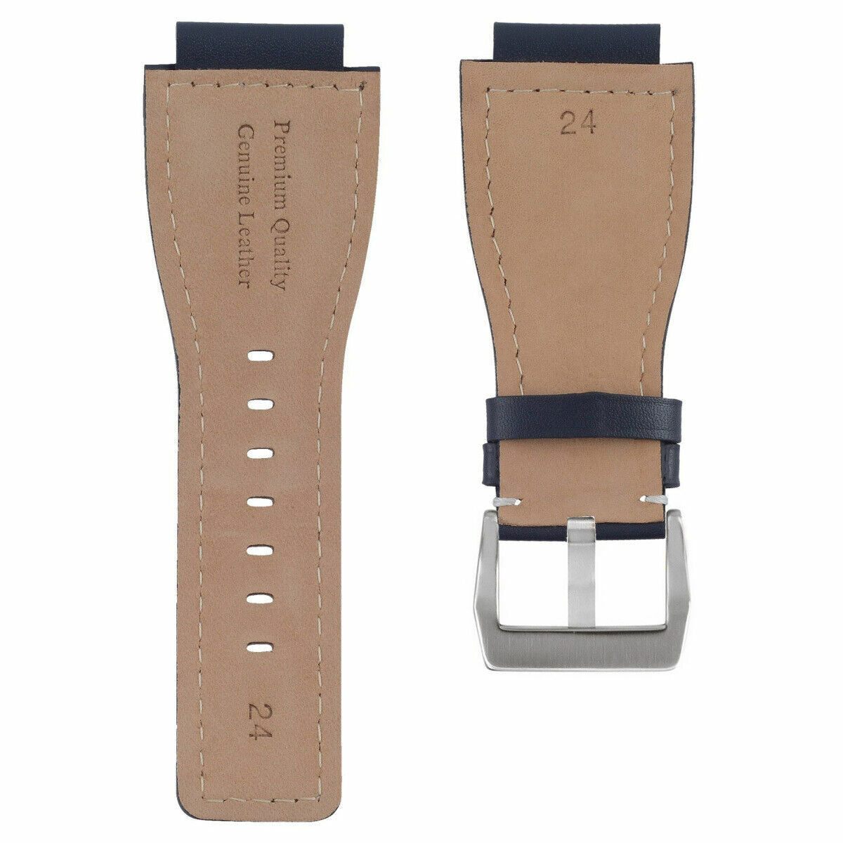 24MM SMOOTH LEATHER WATCH BAND STRAP FOR BELL ROSS BR-01-BR-03 SILVER BUCKLE, Blue with White Stitching, view 3