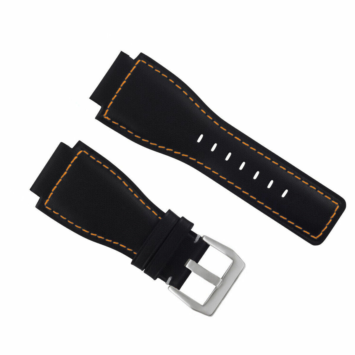 24MM SMOOTH LEATHER WATCH BAND STRAP FOR BELL ROSS BR-01-BR-03 SILVER BUCKLE, Black with Orange Stitching