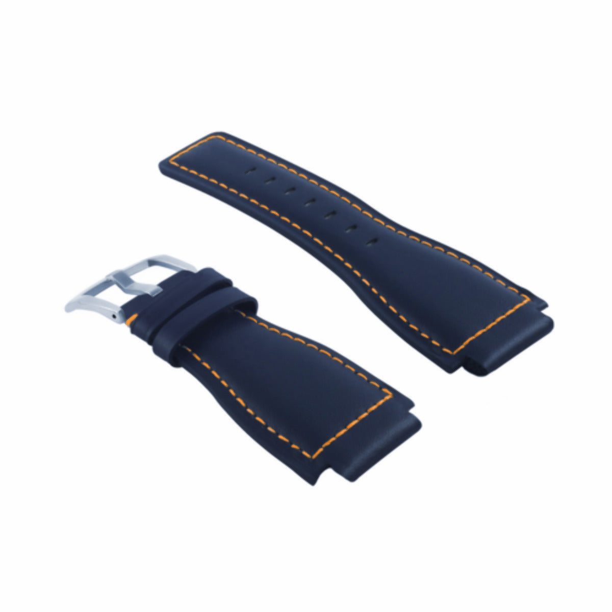 24MM SMOOTH LEATHER WATCH BAND STRAP FOR BELL ROSS BR-01-BR-03 SILVER BUCKLE, Blue with Orange Stitching, view 3