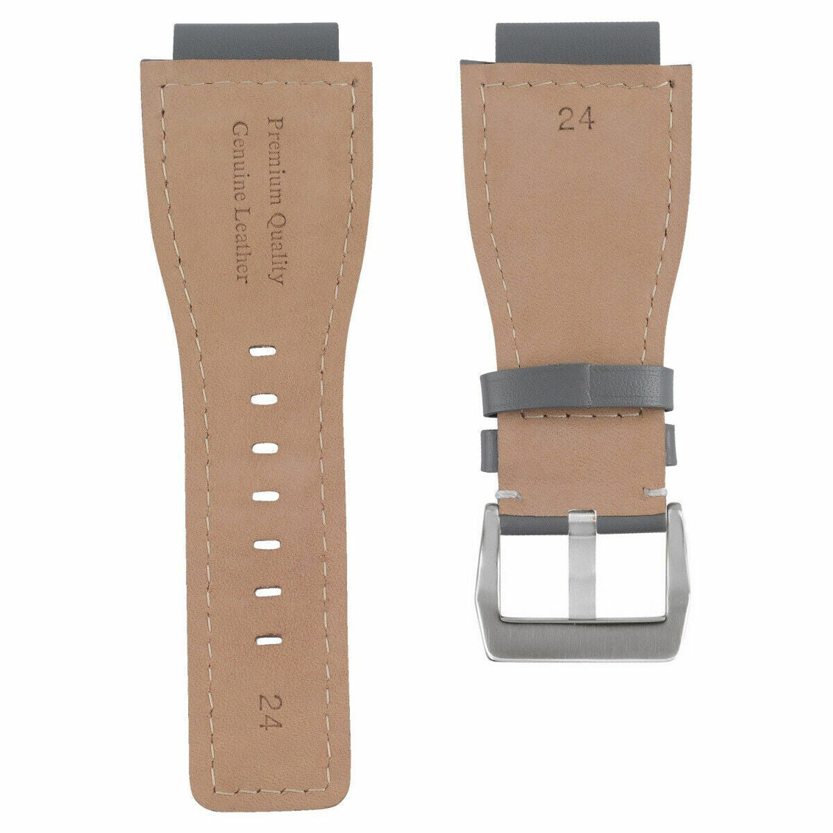 24MM SMOOTH LEATHER WATCH BAND STRAP FOR BELL ROSS BR-01-BR-03 SILVER BUCKLE, Gray with White Stitching, view 4