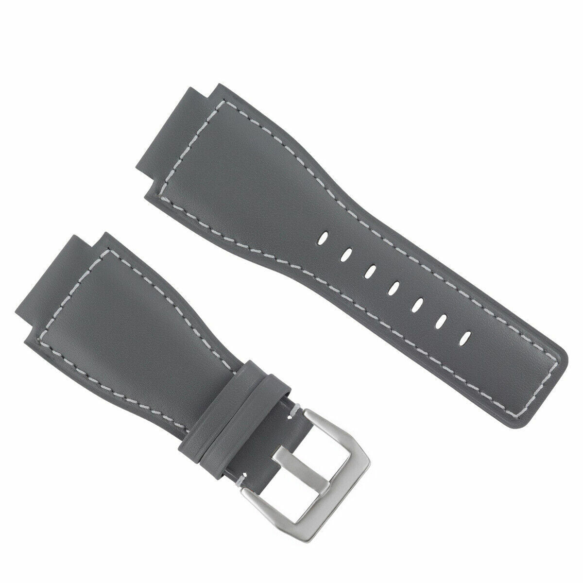 24MM SMOOTH LEATHER WATCH BAND STRAP FOR BELL ROSS BR-01-BR-03 SILVER BUCKLE, Gray with White Stitching