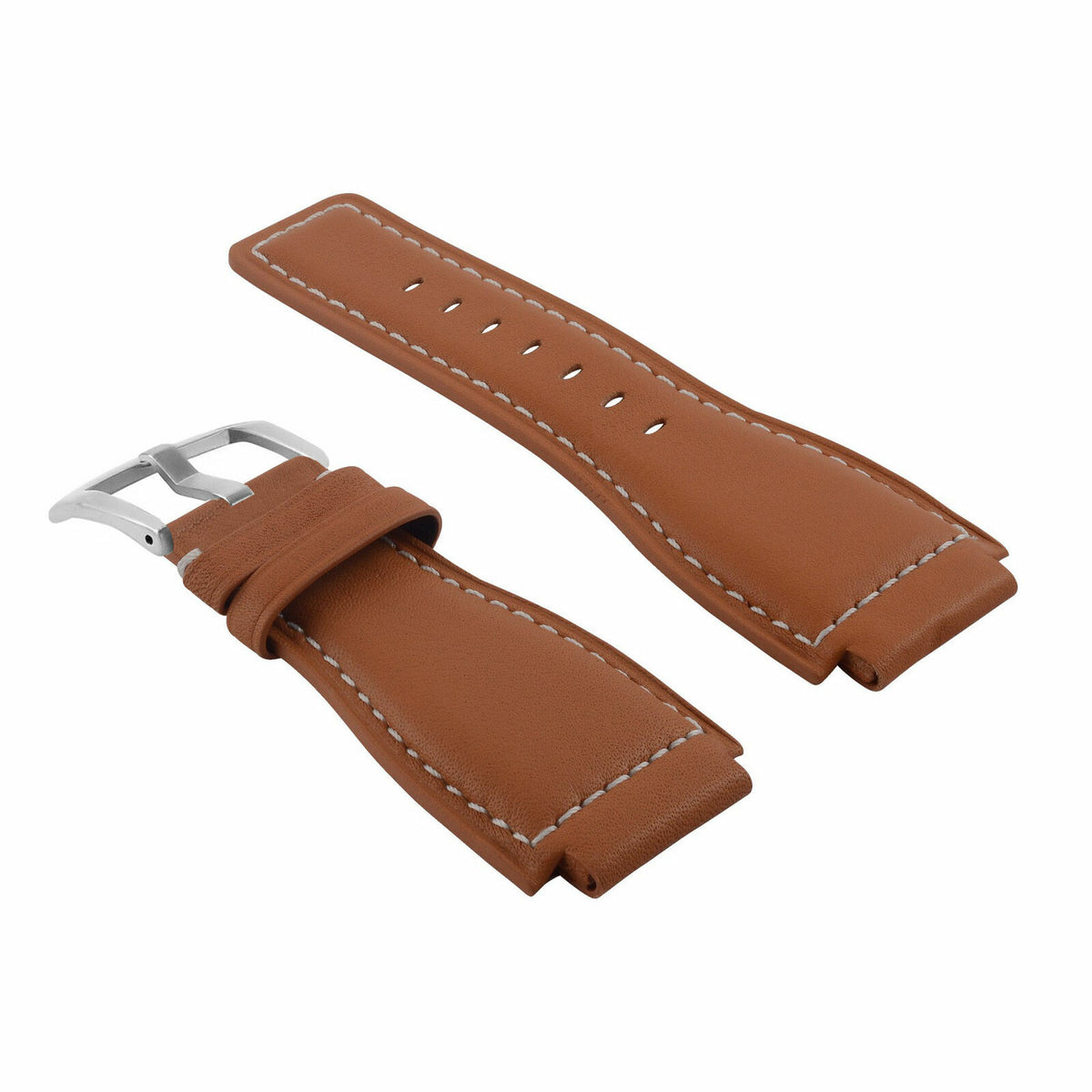 24MM SMOOTH LEATHER WATCH BAND STRAP FOR BELL ROSS BR-01-BR-03 SILVER BUCKLE, Tan with White Stitching, view 2