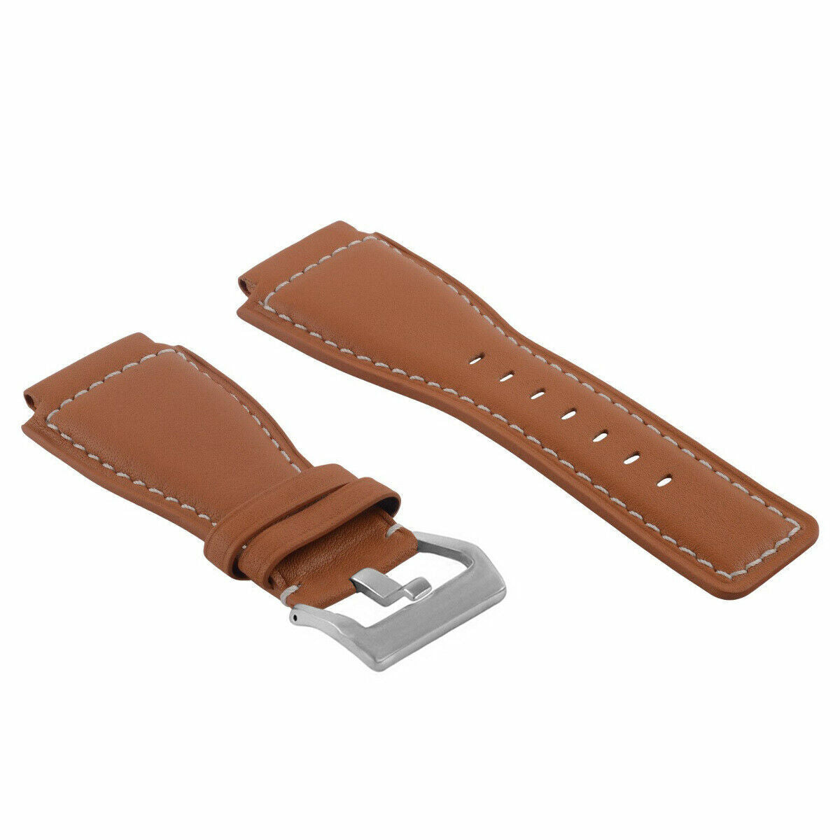 24MM SMOOTH LEATHER WATCH BAND STRAP FOR BELL ROSS BR-01-BR-03 SILVER BUCKLE, Tan with White Stitching, view 3
