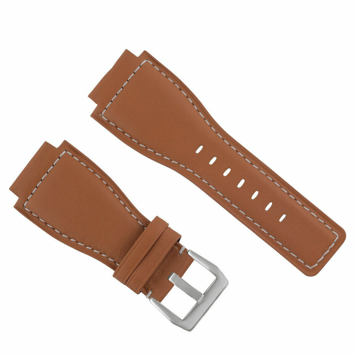 24MM SMOOTH LEATHER WATCH BAND STRAP FOR BELL ROSS BR-01-BR-03 SILVER BUCKLE, Tan with White Stitching