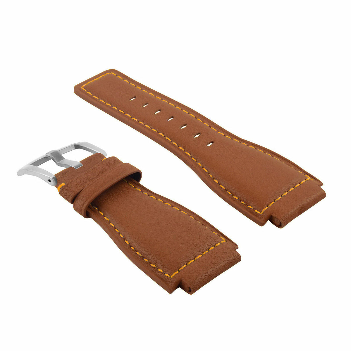 24MM SMOOTH LEATHER WATCH BAND STRAP FOR BELL ROSS BR-01-BR-03 SILVER BUCKLE, Tan with Orange Stitching, view 2