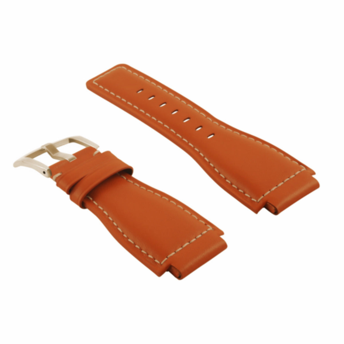 24MM SMOOTH LEATHER WATCH BAND STRAP FOR BELL ROSS BR-01-BR-03 SILVER BUCKLE, Orange with White Stitching, view 7