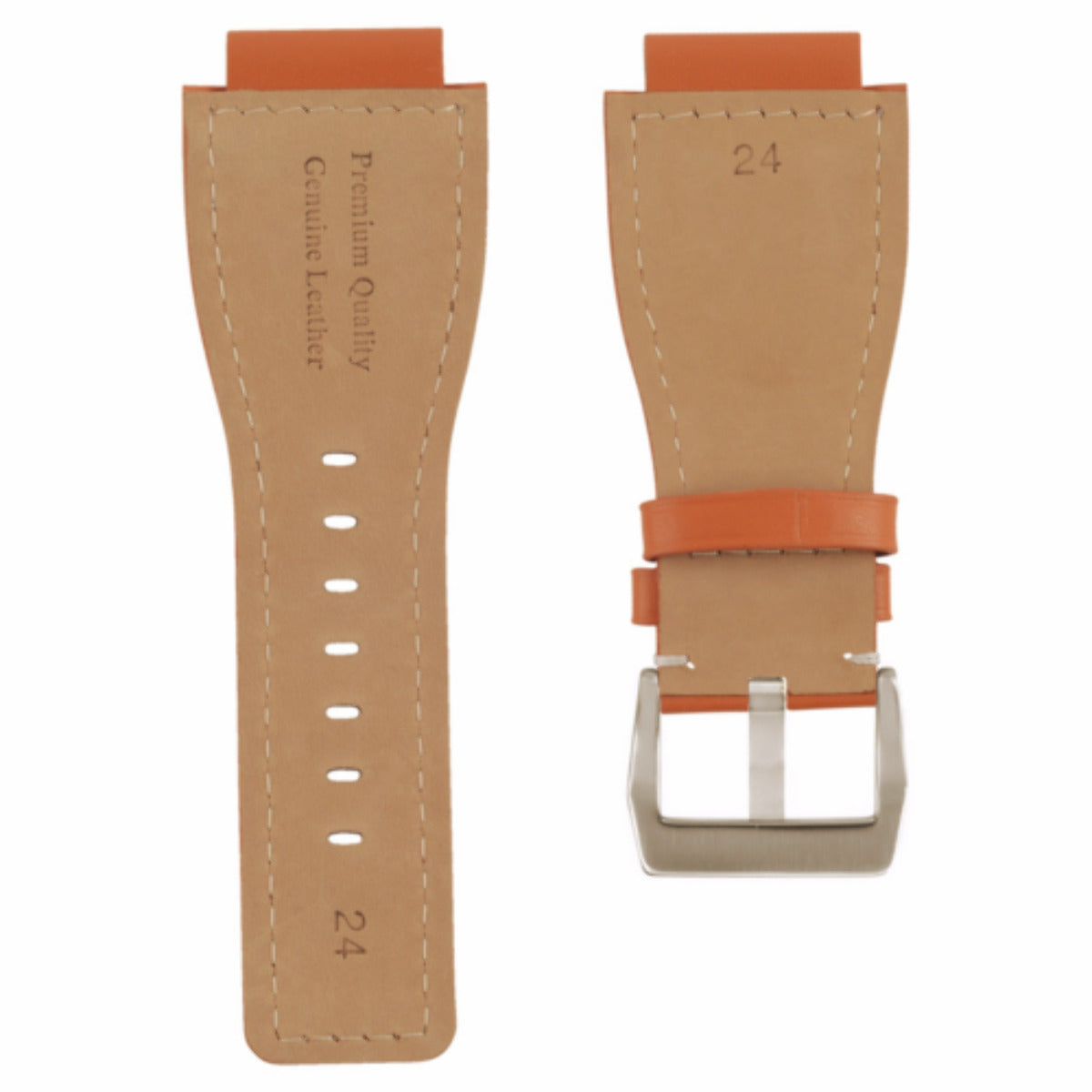 24MM SMOOTH LEATHER WATCH BAND STRAP FOR BELL ROSS BR-01-BR-03 SILVER BUCKLE, Orange with White Stitching, view 4