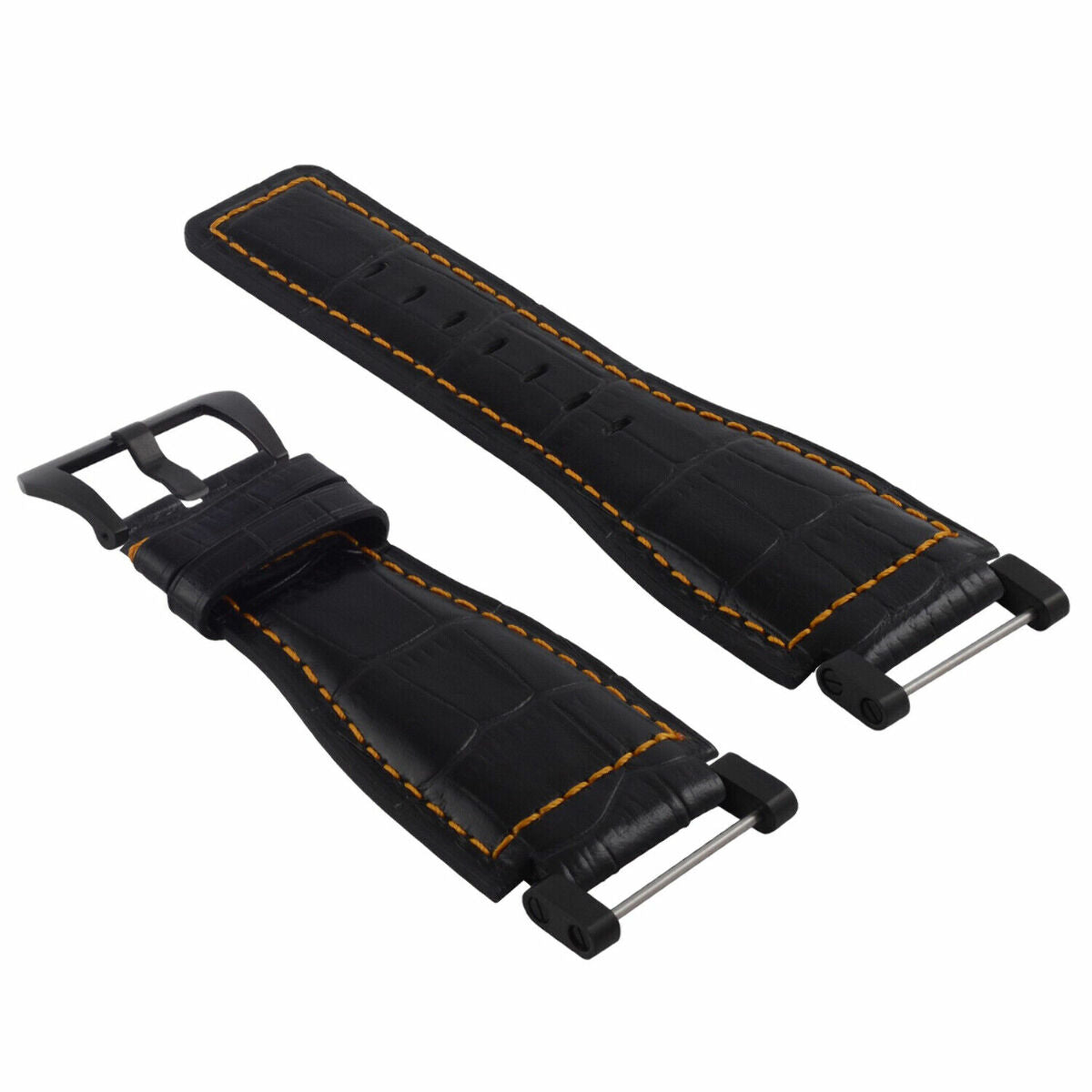 24MM REPLACEMENT LEATHER WATCH BAND STRAP WITH BLACK PVD ADAPTER FOR SUUNTO CORE, Black with Orange Stitching, view 2