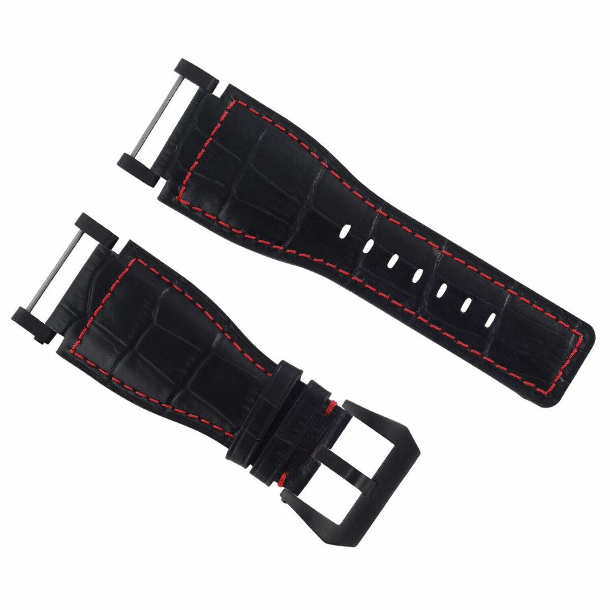 24MM REPLACEMENT LEATHER WATCH BAND STRAP WITH BLACK PVD ADAPTER FOR SUUNTO CORE, Black with Red Stitching