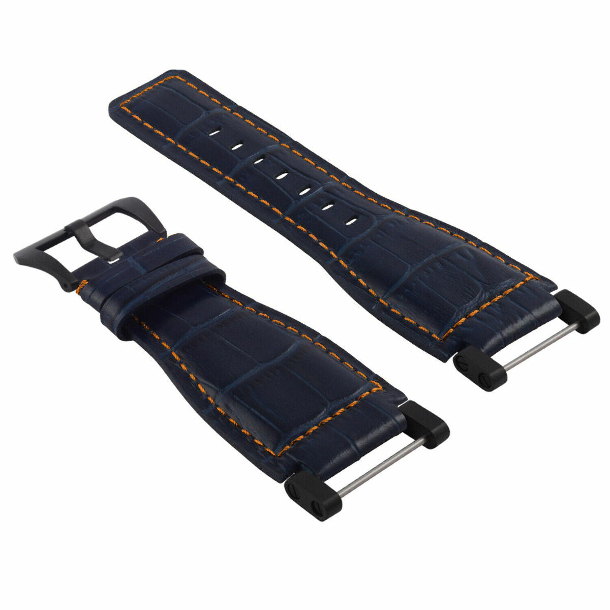 24MM REPLACEMENT LEATHER WATCH BAND STRAP WITH BLACK PVD ADAPTER FOR SUUNTO CORE, Blue with Orange Stitching, view 2