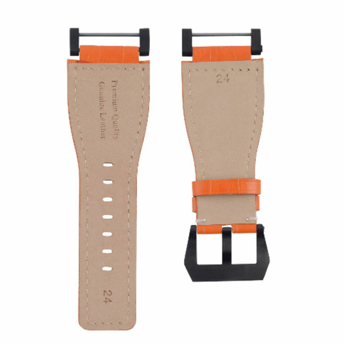 24MM REPLACEMENT LEATHER WATCH BAND STRAP WITH BLACK PVD ADAPTER FOR SUUNTO CORE, Orange with White Stitching, view 4