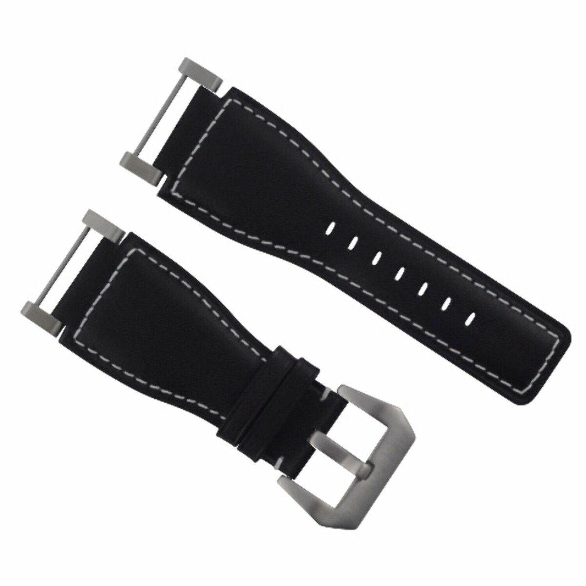 24MM LEATHER WATCH BAND STRAP SMOOTH WITH STAINLESS ADAPTER FOR SUUNTO CORE, Black with White Stitching, view 2