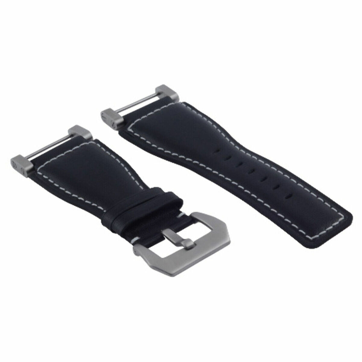 24MM LEATHER WATCH BAND STRAP SMOOTH WITH STAINLESS ADAPTER FOR SUUNTO CORE, Black with White Stitching, view 3