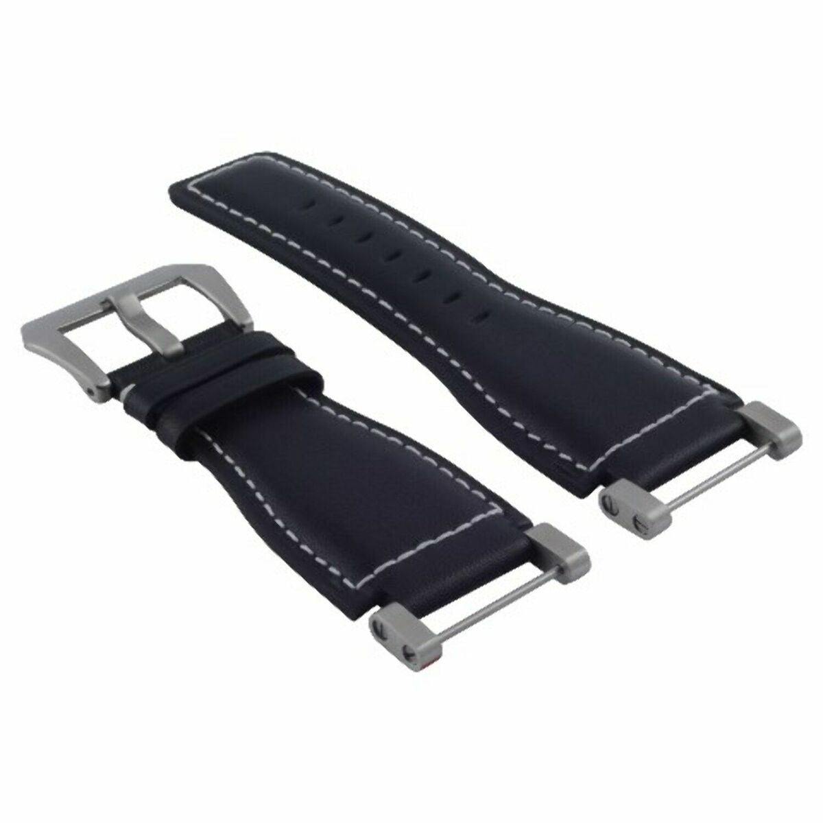 24MM LEATHER WATCH BAND STRAP SMOOTH WITH STAINLESS ADAPTER FOR SUUNTO CORE, Black with White Stitching
