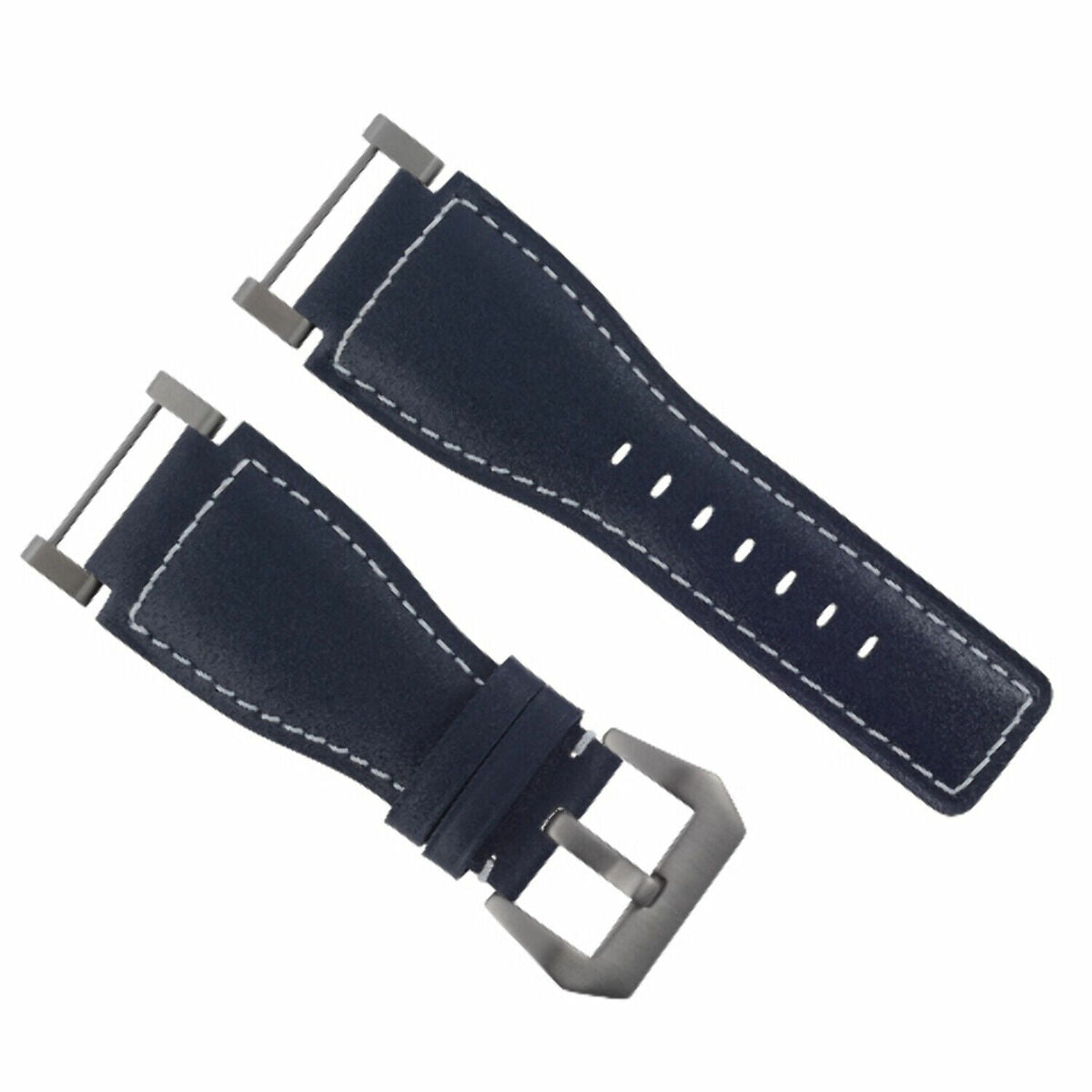 24MM LEATHER WATCH BAND STRAP SMOOTH WITH STAINLESS ADAPTER FOR SUUNTO CORE, Blue with White Stitching, view 2