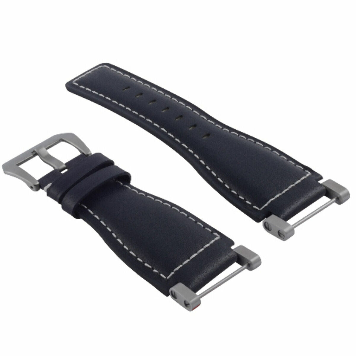 24MM LEATHER WATCH BAND STRAP SMOOTH WITH STAINLESS ADAPTER FOR SUUNTO CORE, Blue with White Stitching, view 3
