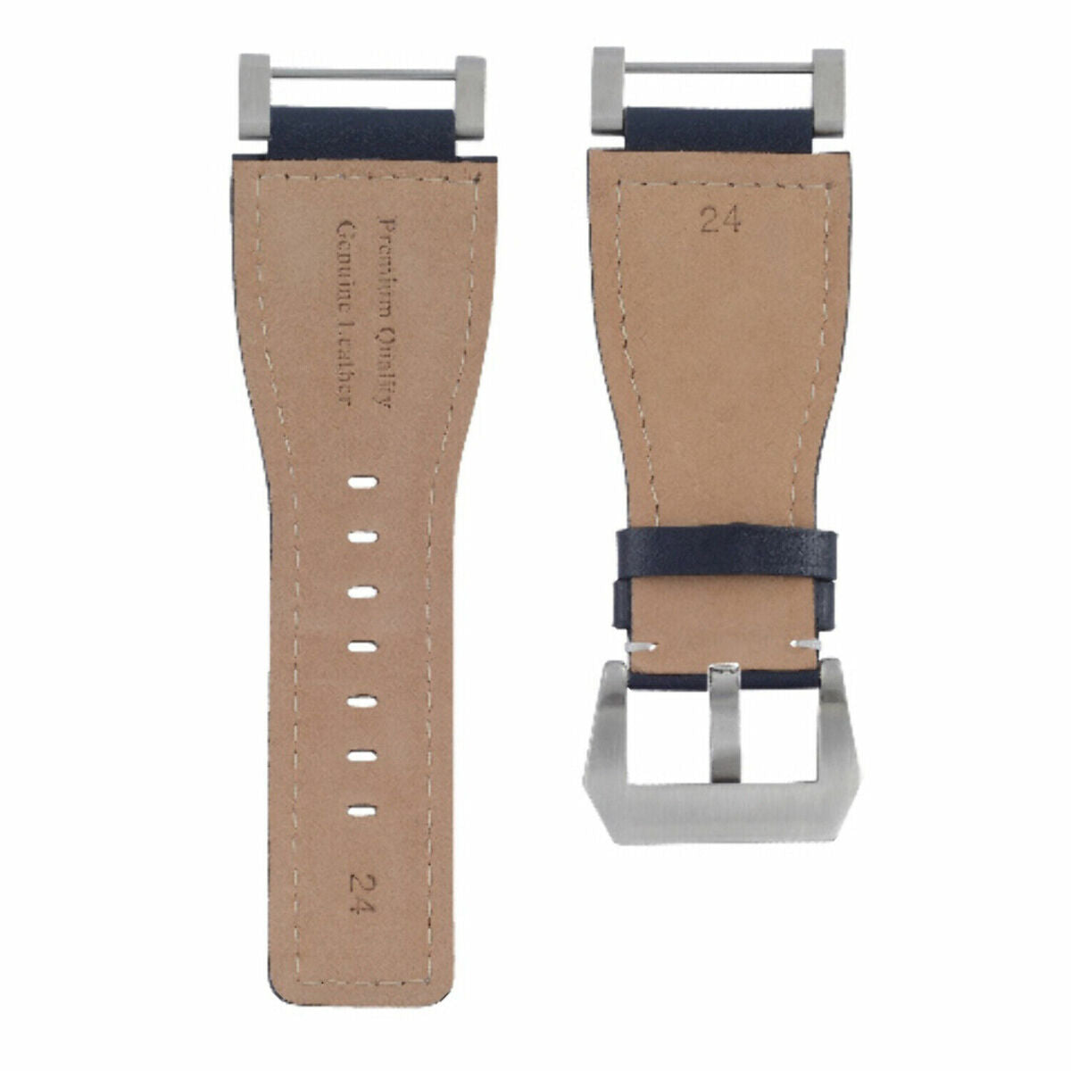 24MM LEATHER WATCH BAND STRAP SMOOTH WITH STAINLESS ADAPTER FOR SUUNTO CORE, Blue with White Stitching, view 4