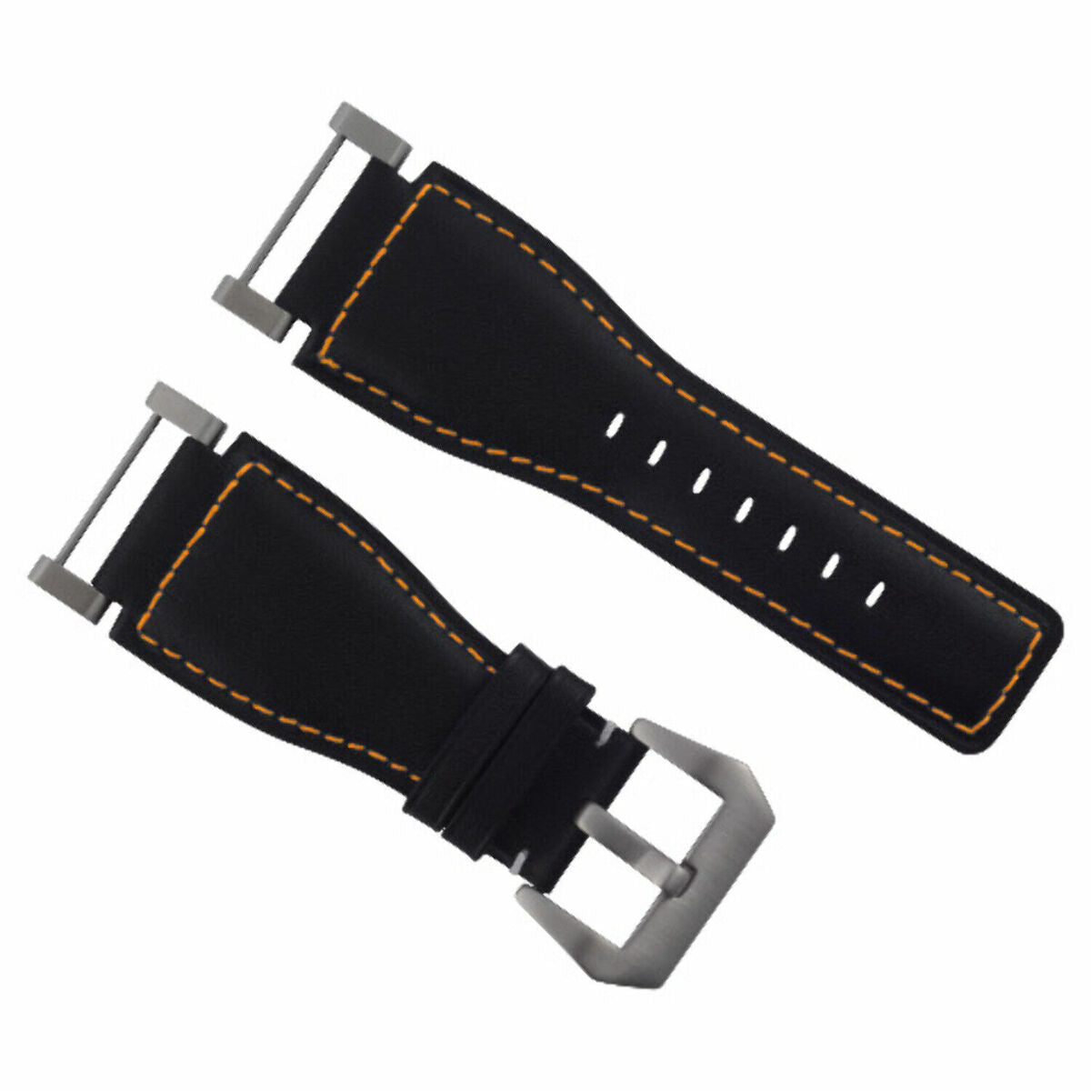 24MM LEATHER WATCH BAND STRAP SMOOTH WITH STAINLESS ADAPTER FOR SUUNTO CORE, Black with Orange Stitching, view 2