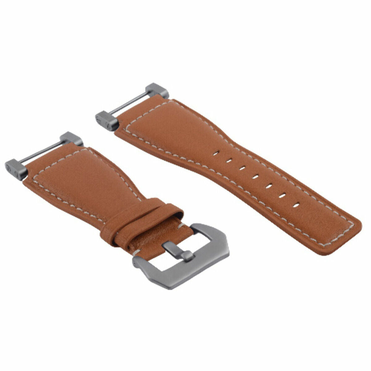 24MM LEATHER WATCH BAND STRAP SMOOTH WITH STAINLESS ADAPTER FOR SUUNTO CORE, Tan with White Stitching, view 2