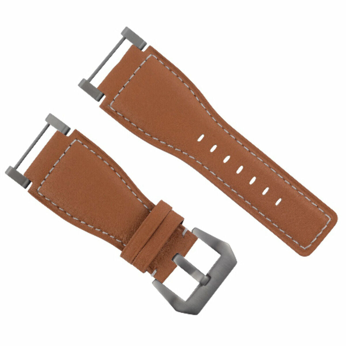 24MM LEATHER WATCH BAND STRAP SMOOTH WITH STAINLESS ADAPTER FOR SUUNTO CORE, Tan with White Stitching, view 4
