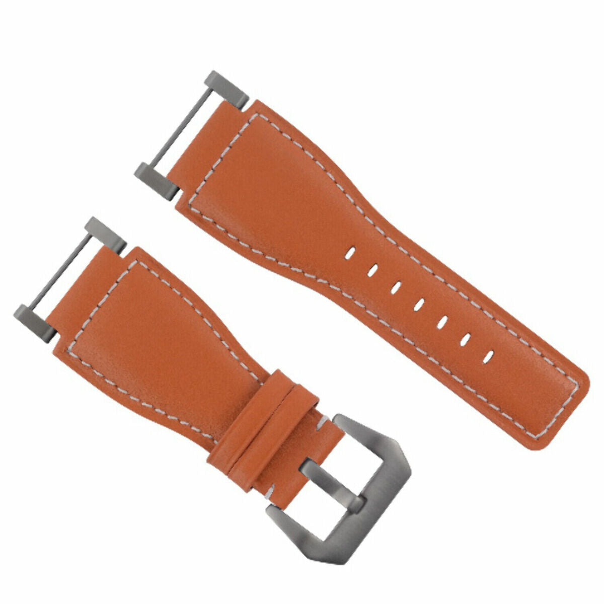 24MM LEATHER WATCH BAND STRAP SMOOTH WITH STAINLESS ADAPTER FOR SUUNTO CORE, Orange with White Stitching, view 3