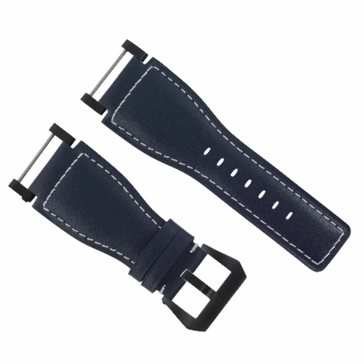 24MM GENUINE LEATHER WATCH BAND STRAP SMOOTH WITH BLACK ADAPTER FOR SUUNTO CORE, Blue with White Stitching, view 2