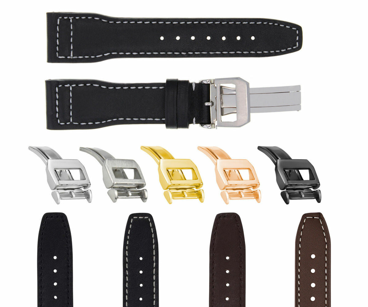 20-21-22-23MM LEATHER WATCH BAND STRAP FOR IWC PILOT PORTUGUESE TOP GUN + CLASP, Black with White Stitching