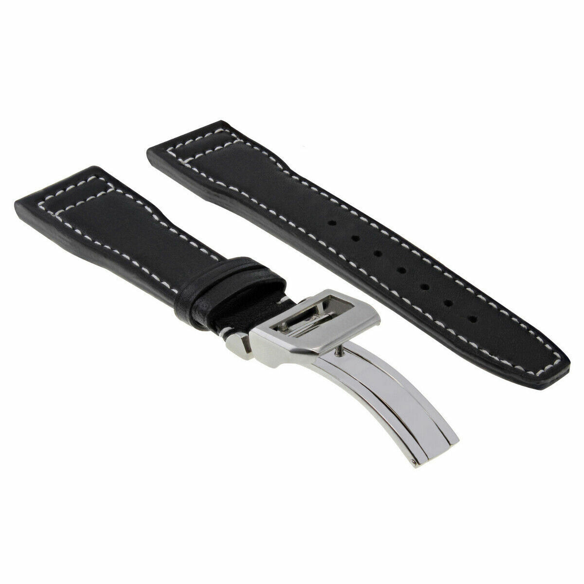20-21-22-23MM LEATHER WATCH BAND STRAP FOR IWC PILOT PORTUGUESE TOP GUN + CLASP, Black with White Stitching, front view
