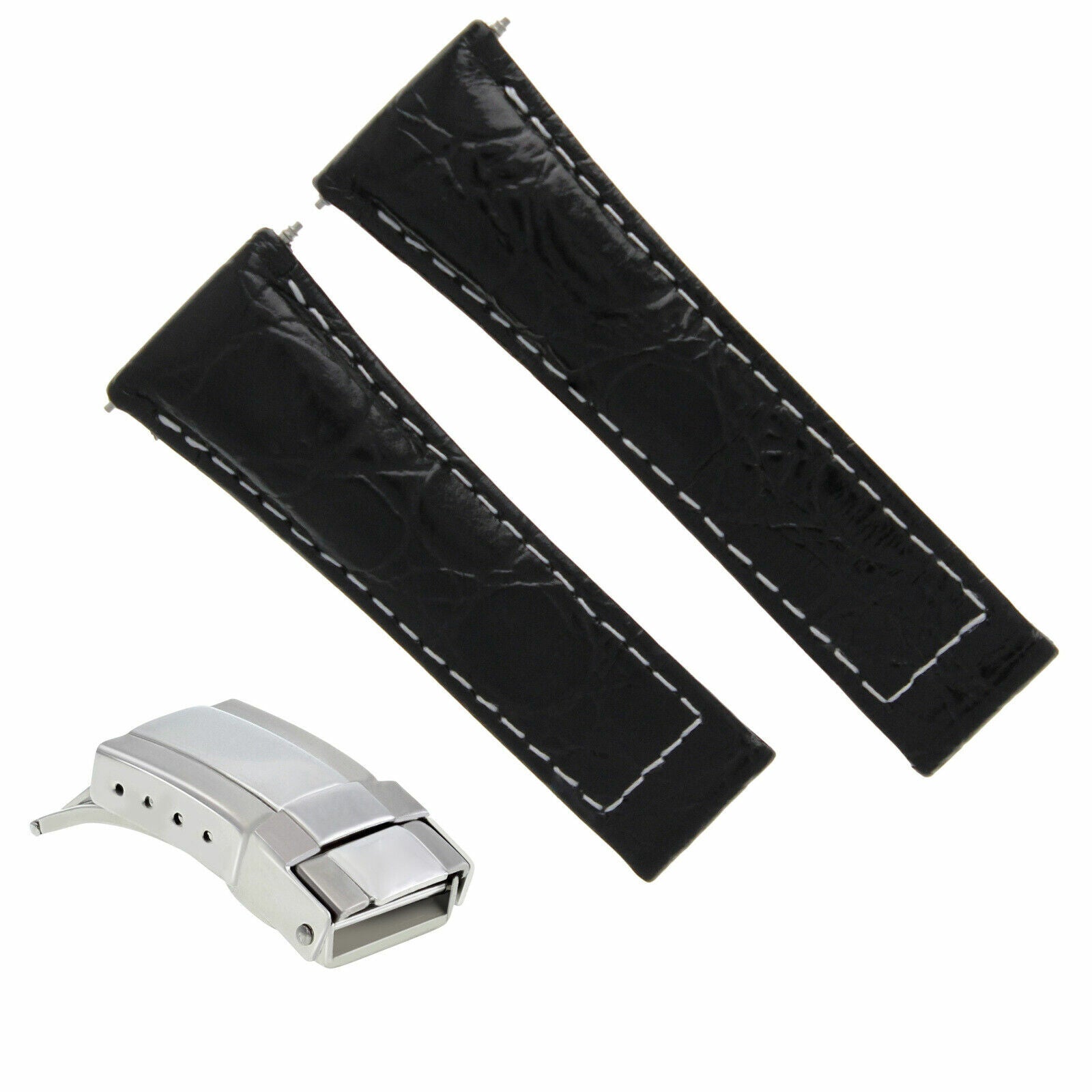 20MM CROC LEATHER WATCH BAND STRAP FITS ALL ROLEX DAYTONA + BUCKLE SHORT MEDIUM, Black White Stitching (Regular)