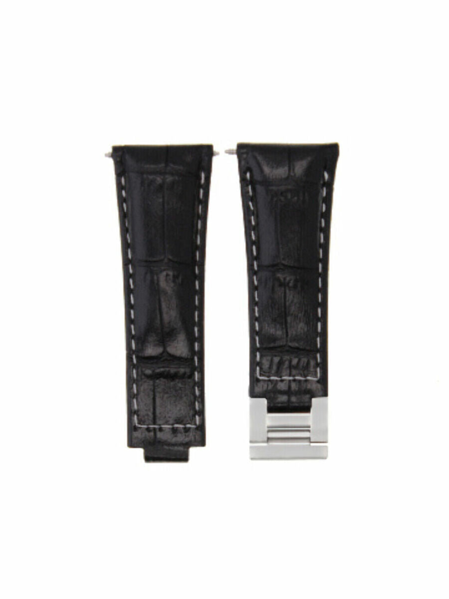 LEATHER WATCH BAND STRAP FOR ROLEX ZENITH MOVEMENT DAYTONA 16518 16519 16520, Black with White Stitching