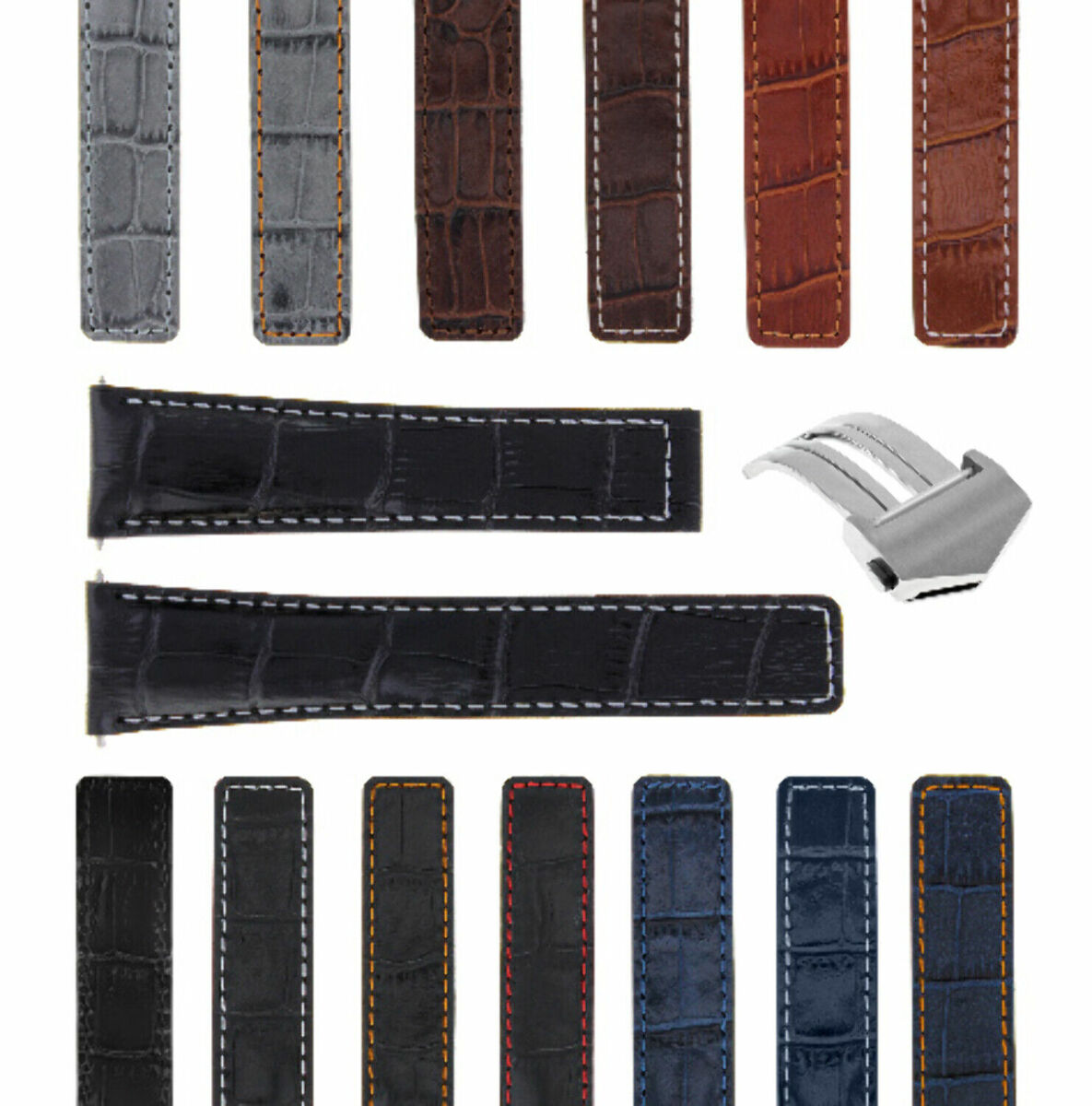 20-22MM LEATHER WATCH STRAP BAND FOR TAG HEUER CARRERA CV2A10 FC5037/39/40 CLASP, Black with White Stitching